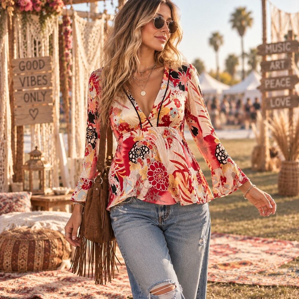 Jonathon Martin Silk Y2K Babydoll Blouse Top Sz M Boho Floral Tie Back Flare
